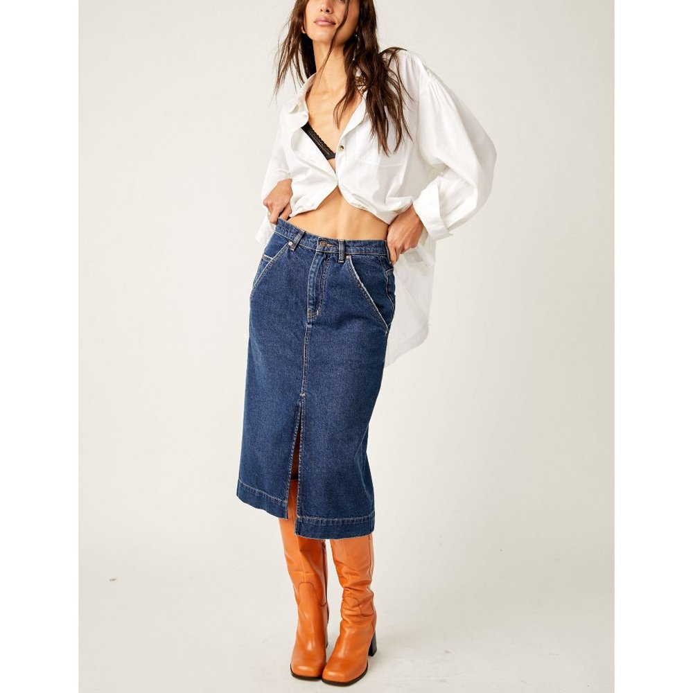 FREE PEOPLE Wild Roses Midi Skirt / Dark Indigo